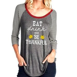 Thanksgiving holiday striped graphic T-shirt, ladies raglan gray heather tee top
